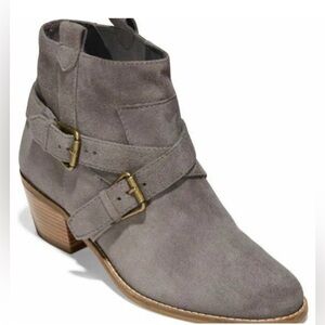 Cole Haan Jensynn Grey Suede Leather Ankle Booties Buckle Detail Size 7.5 NWT